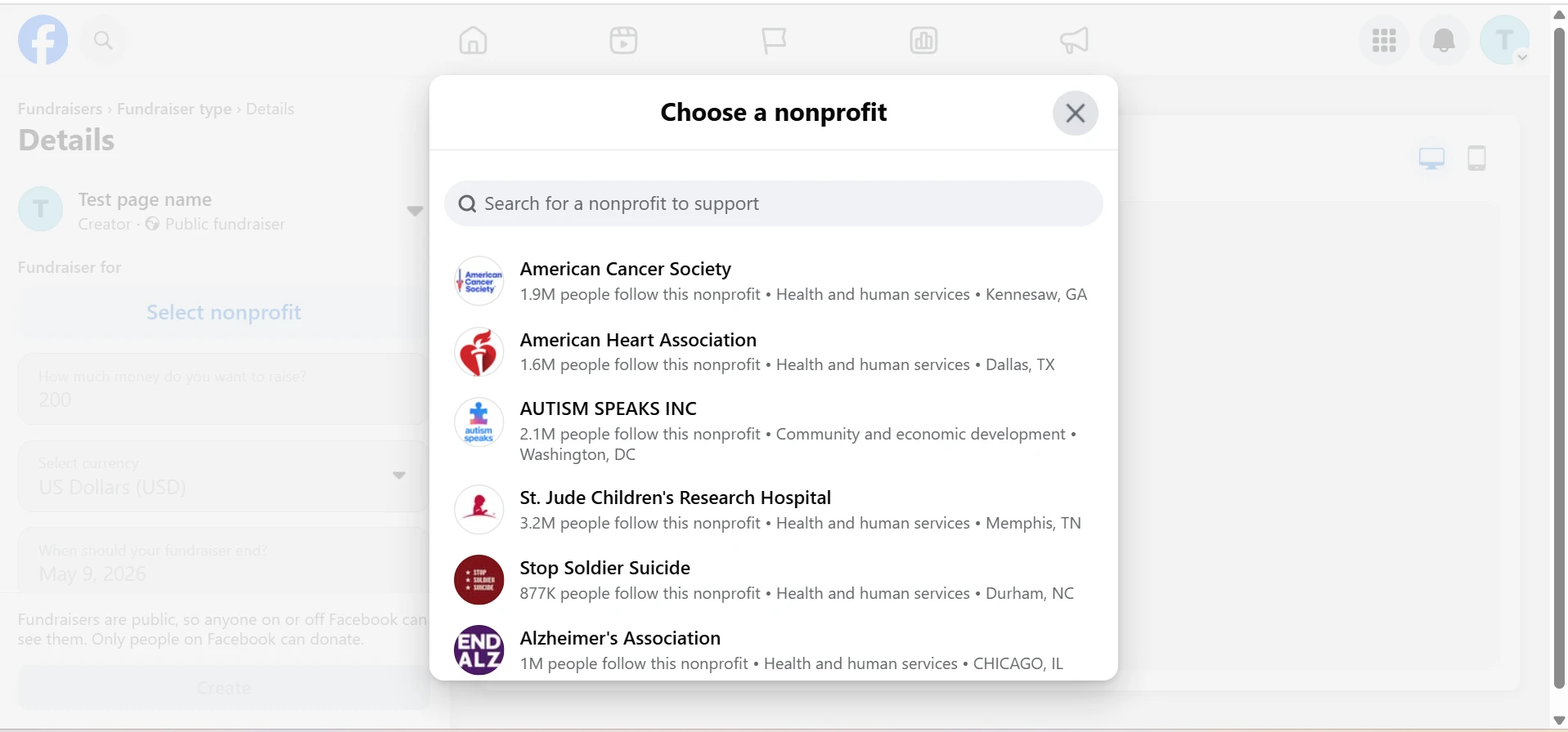Create Fundraiser Dialog