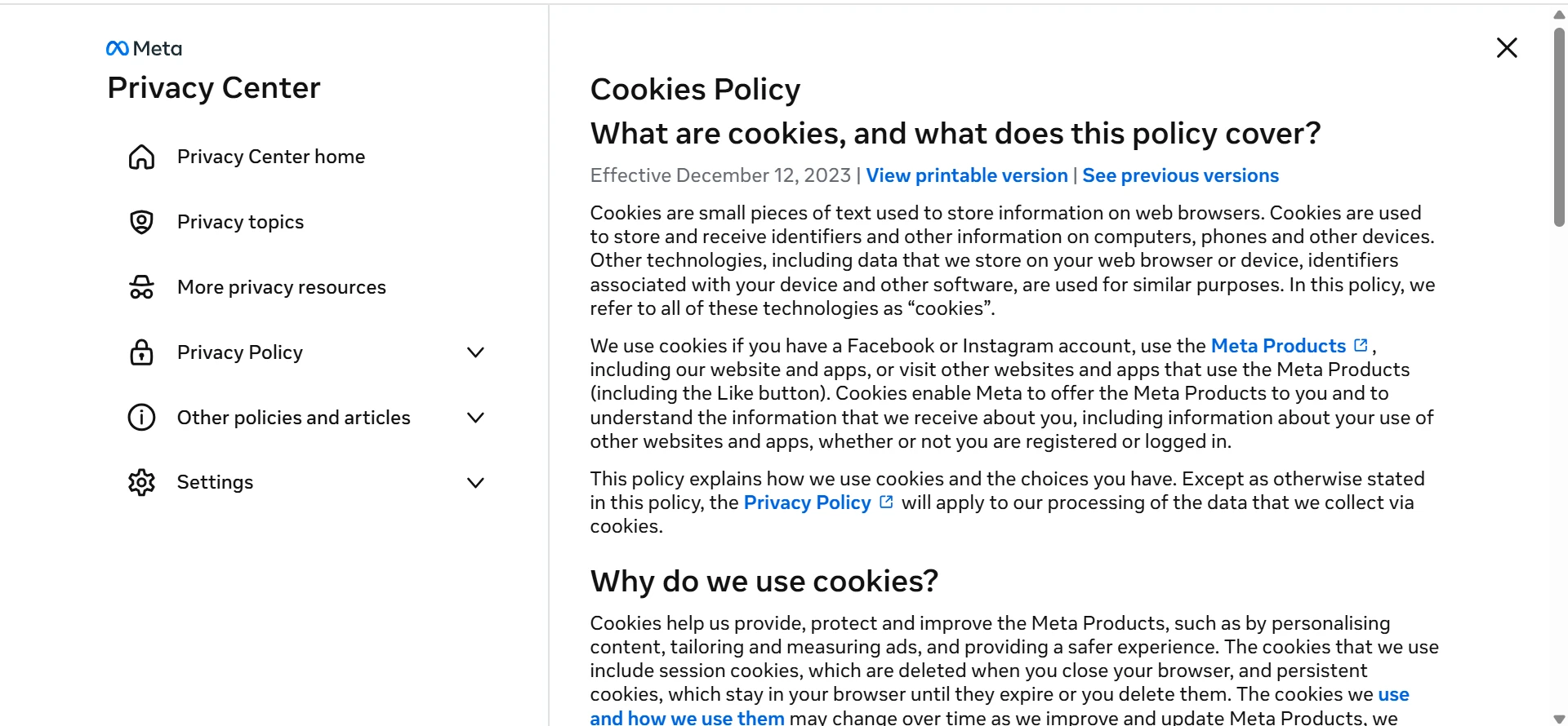 Cookies Policies Screen