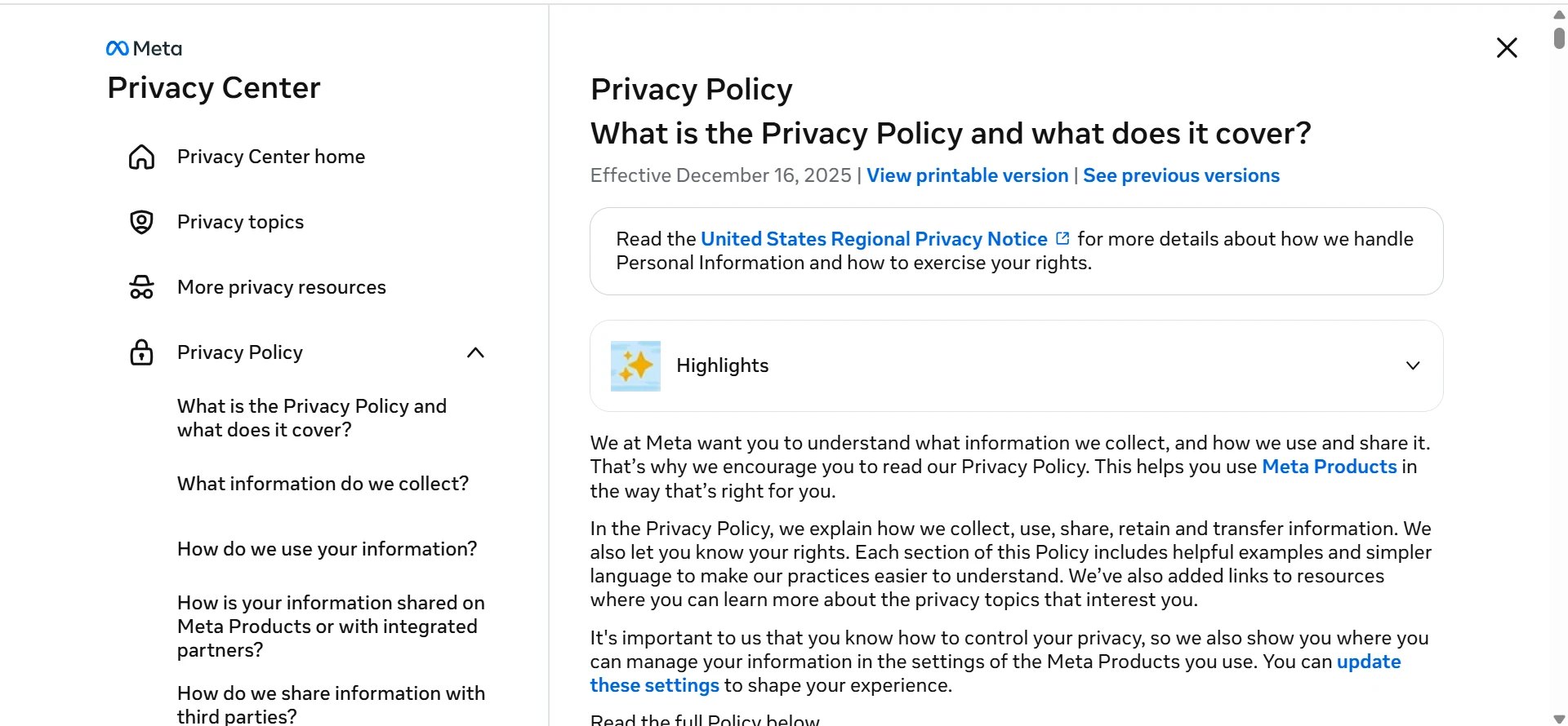 Privacy Policies Screen
