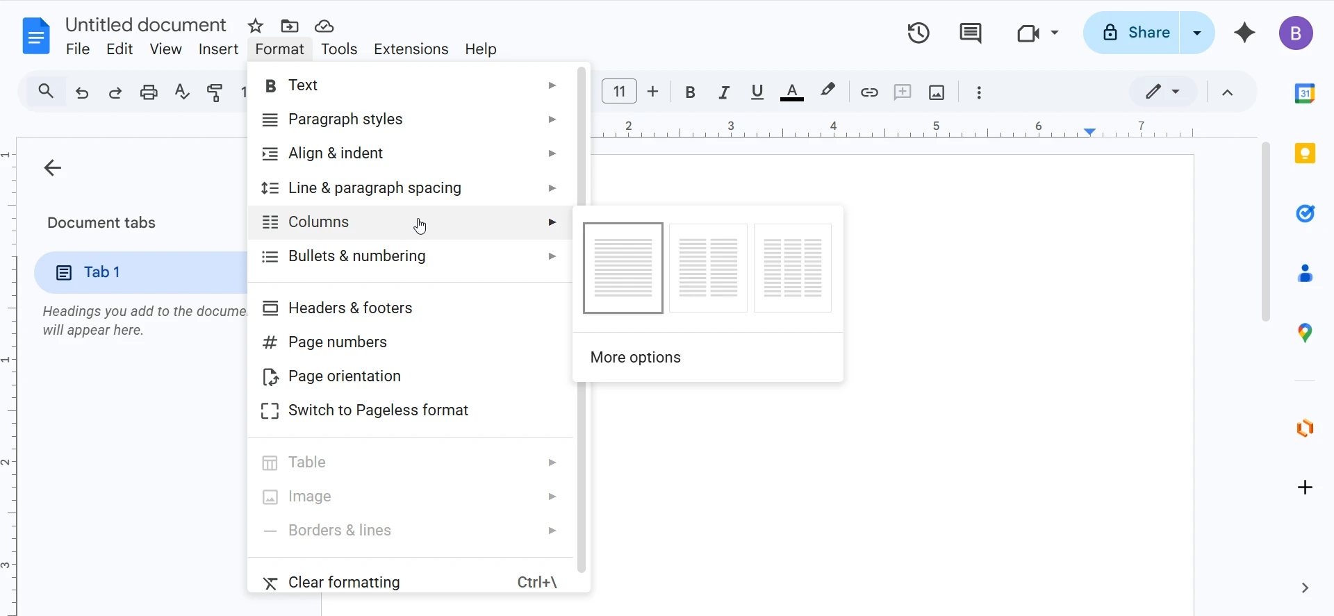 Format columns options