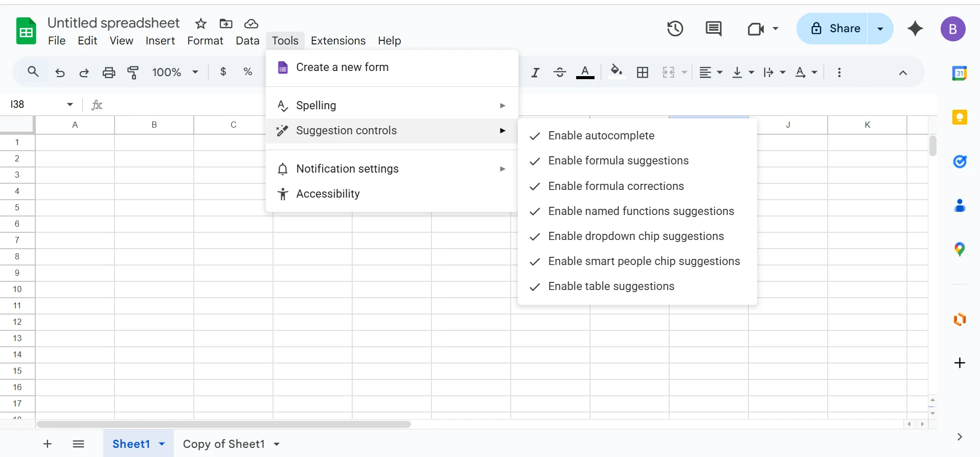 Suggestion controls options