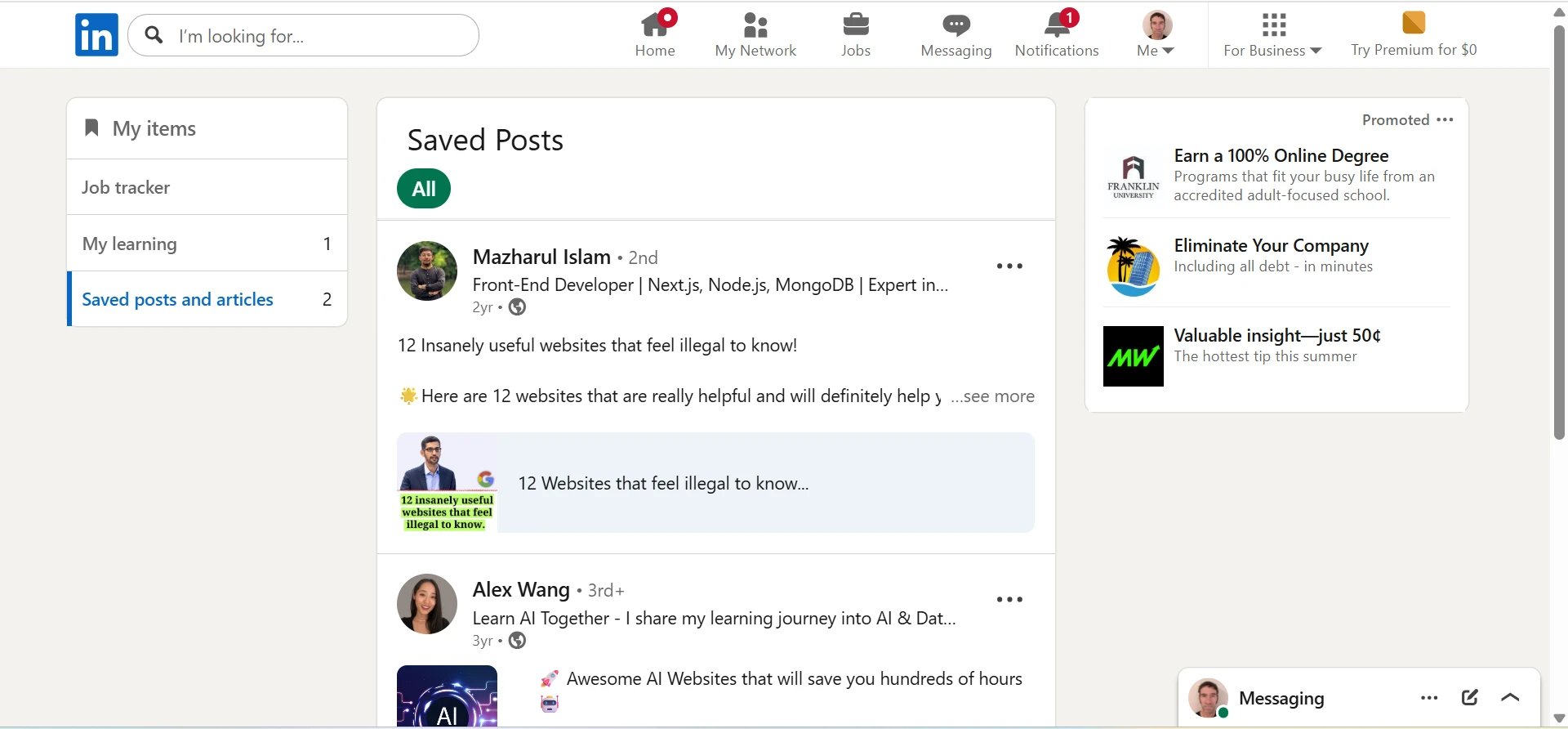 My Items Saved Posts Screen