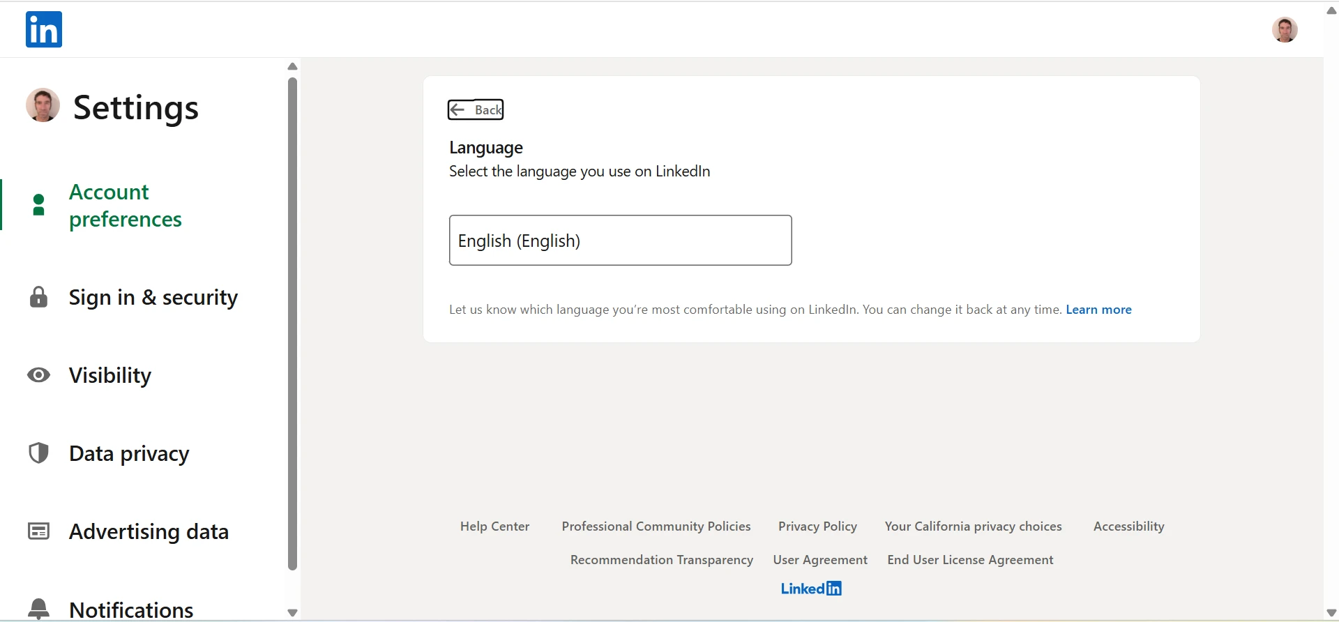 My Preferences Language Screen
