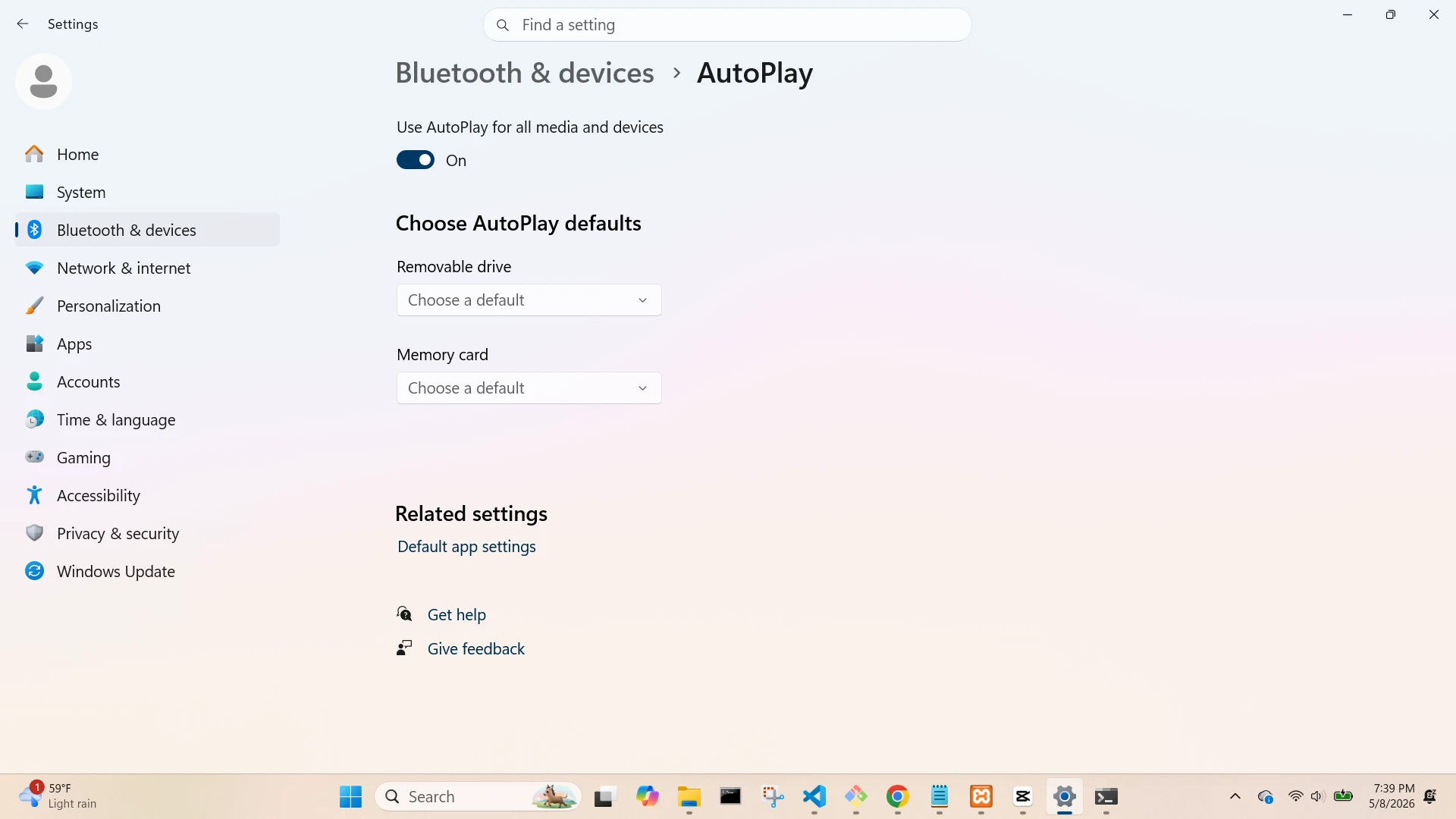 Bluetooth and Devices Autoplay Screen