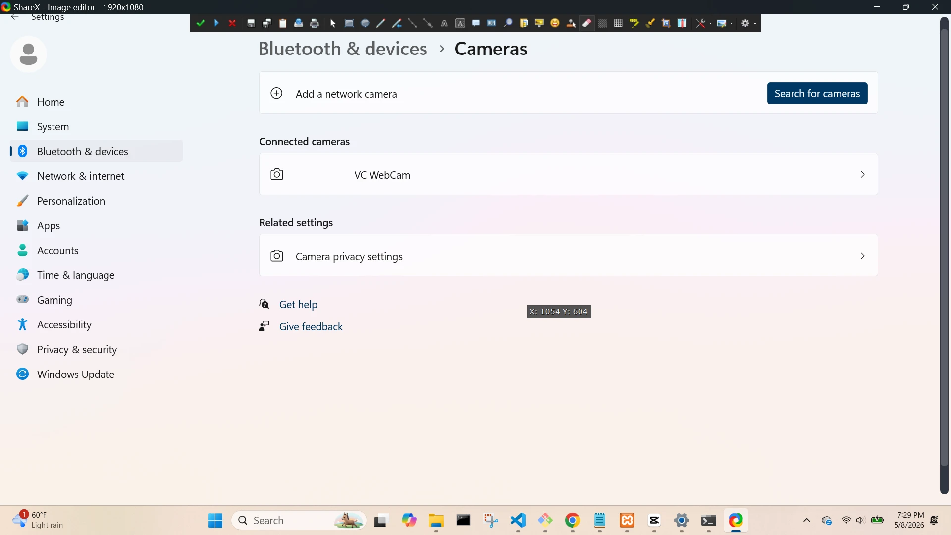 Bluetooth and Devices Cameras Screen