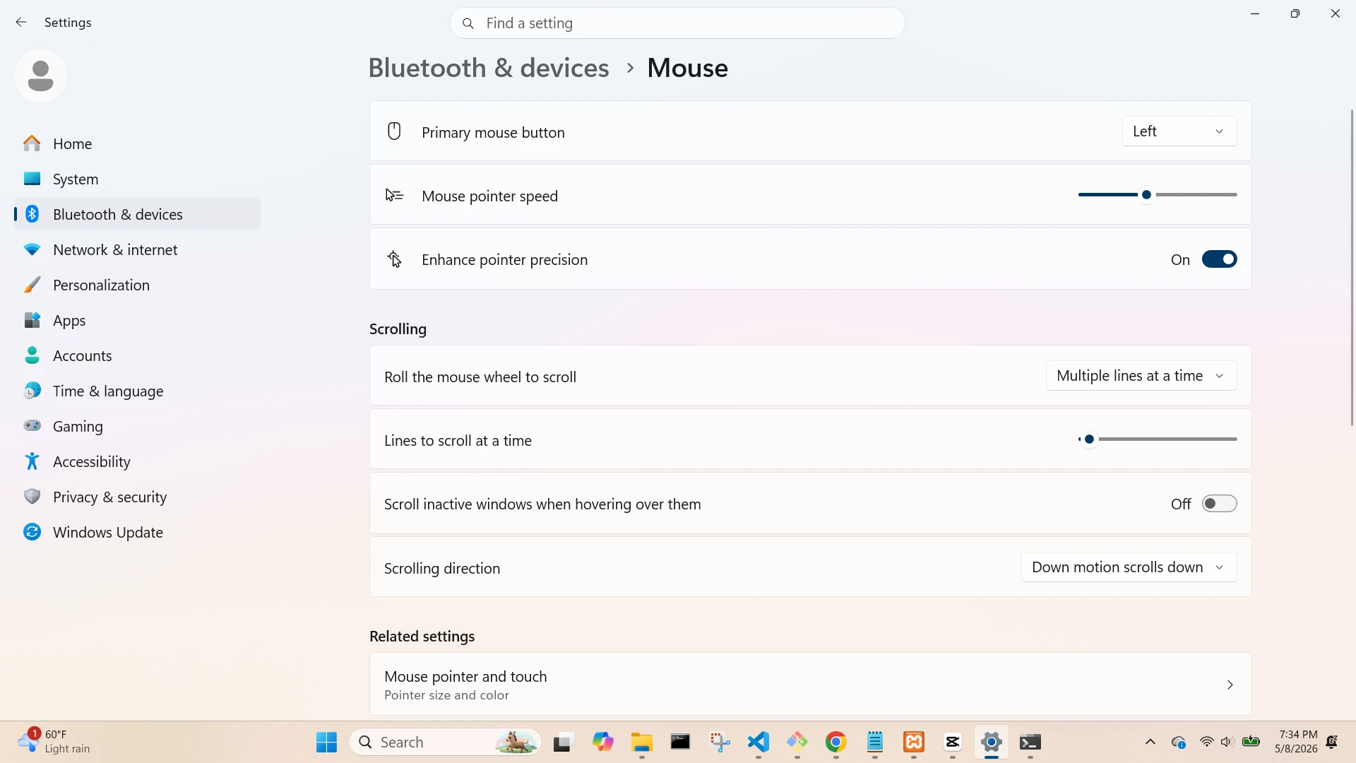 Bluetooth and Devices Mouse Screen
