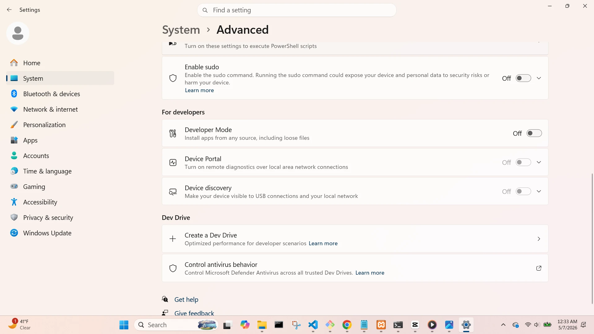 Toggle developer mode
