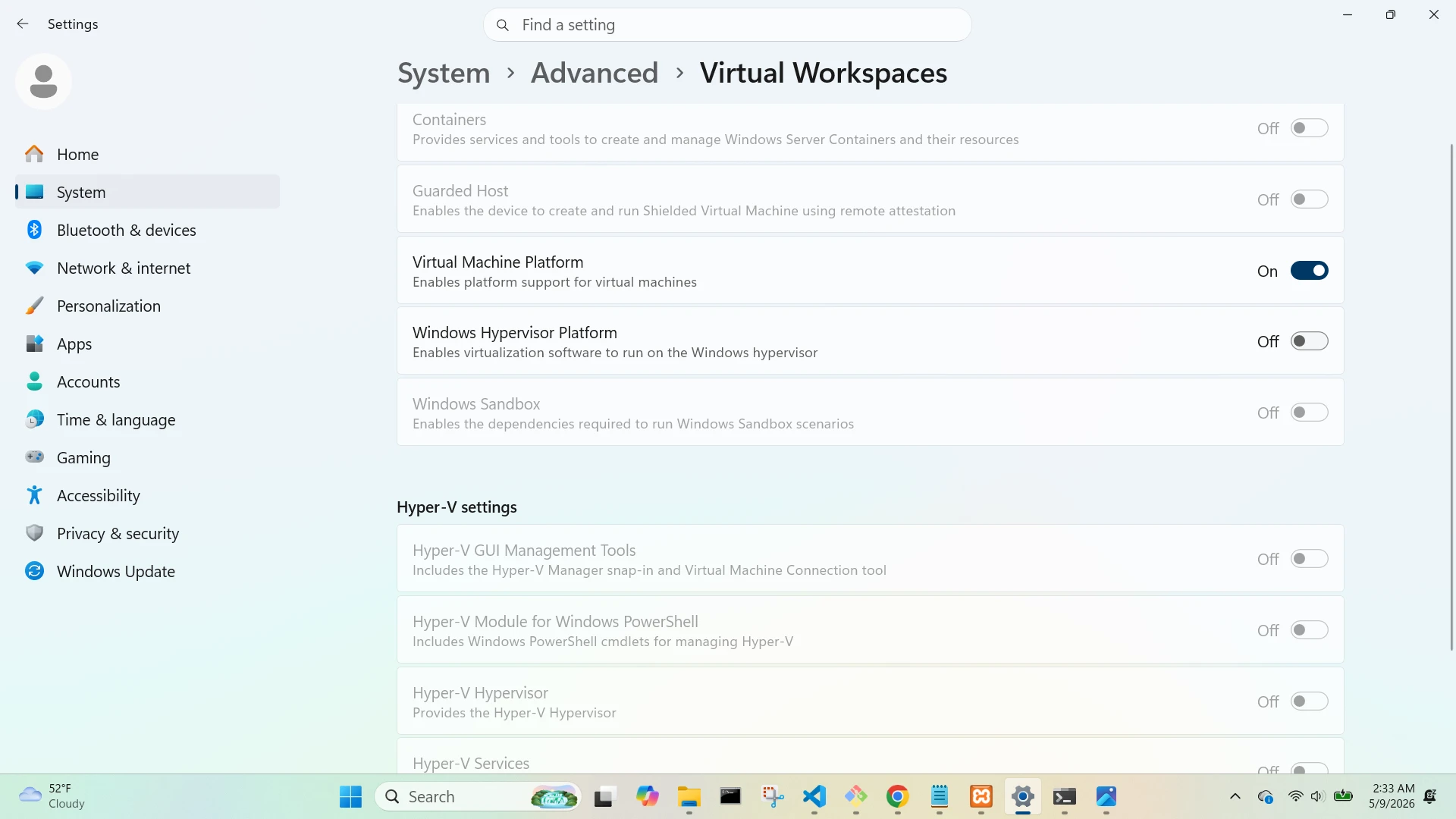 System Advanced Virtual Workspaces Screen