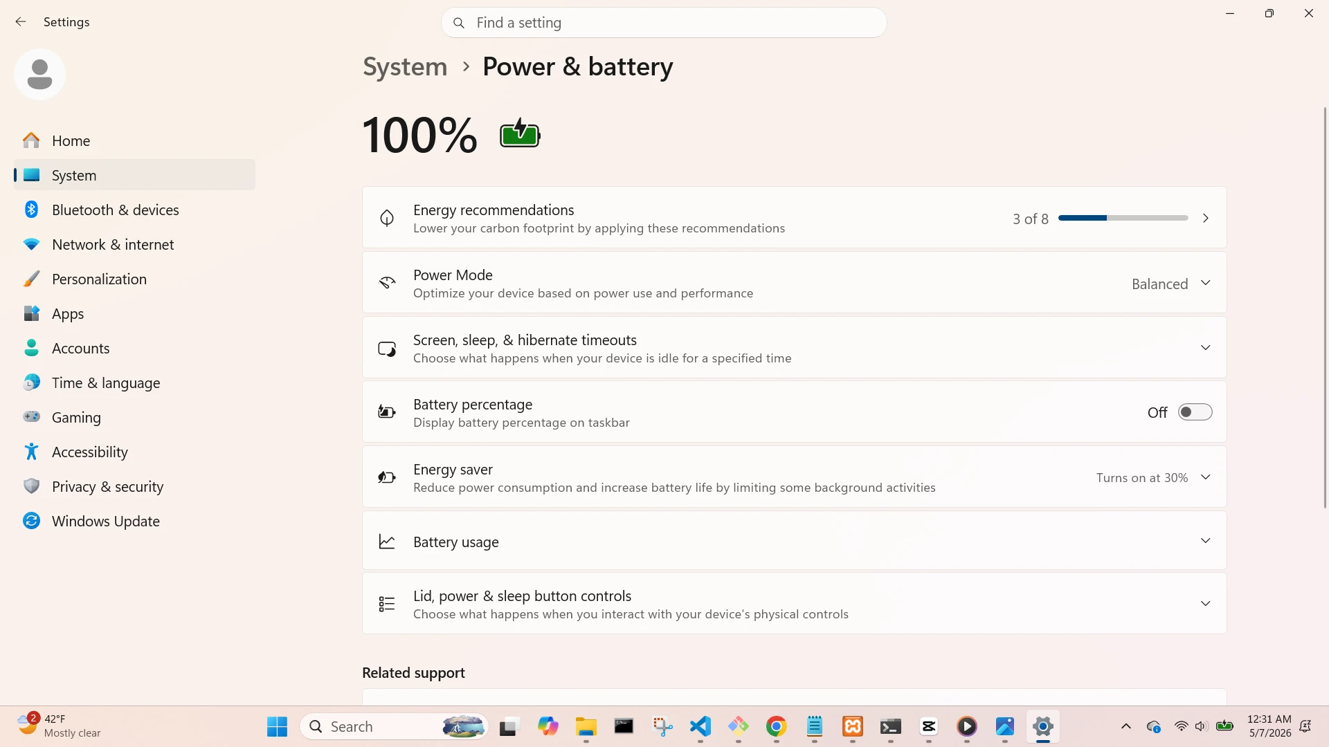 Power and Battery Screen