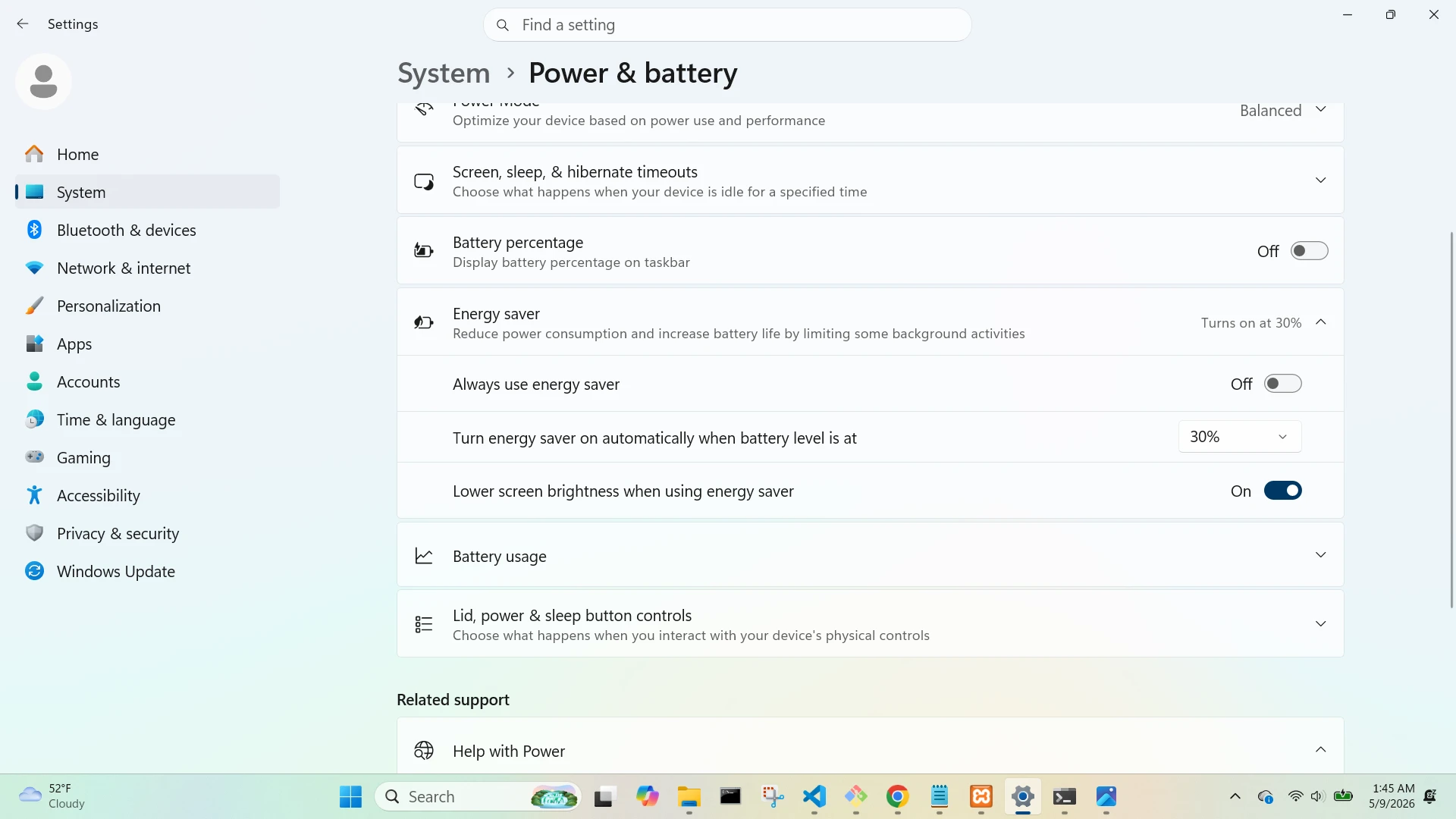System Power and Battery Energy Saver Menu Open Screen