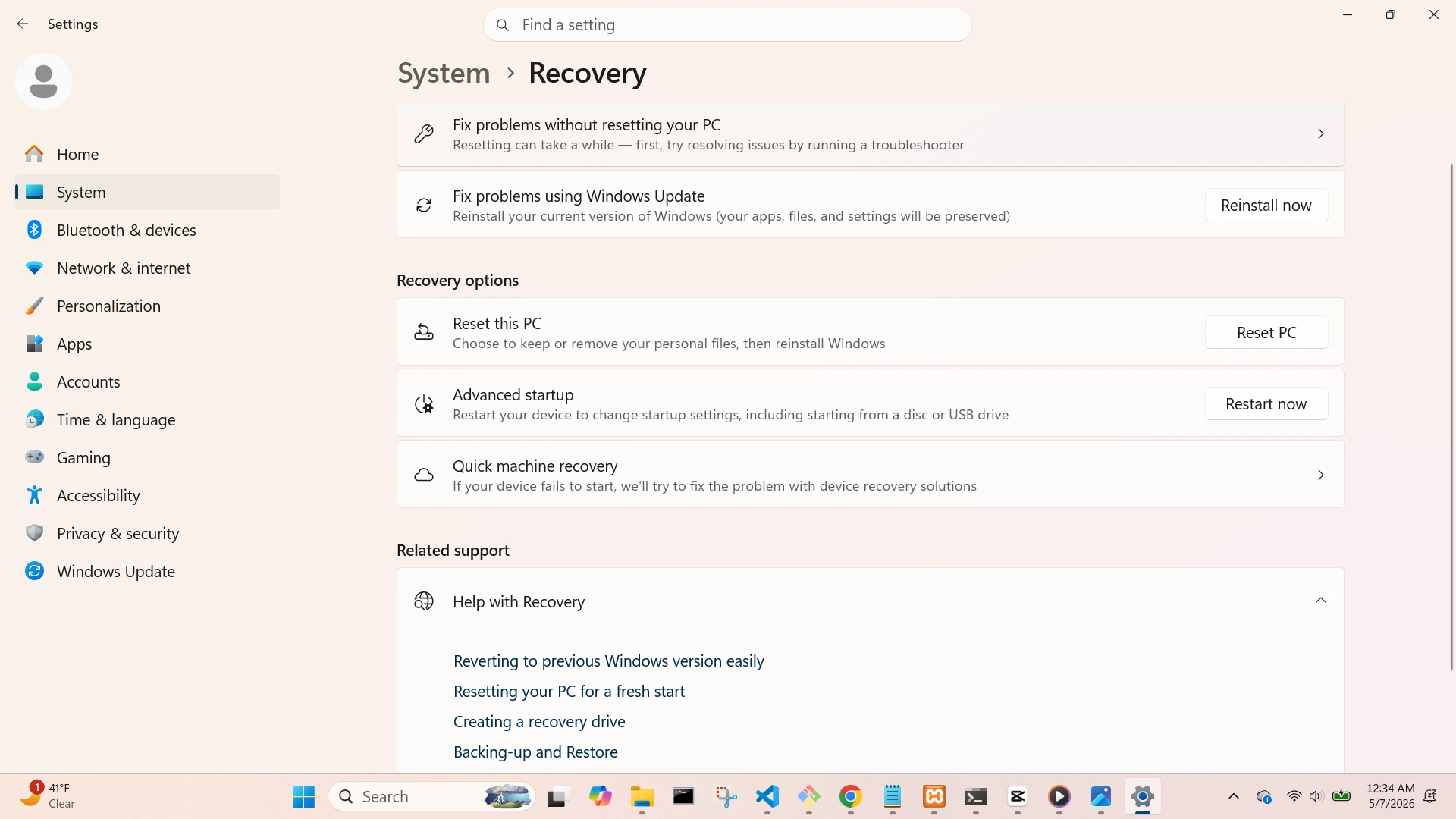 System Recovery Screen