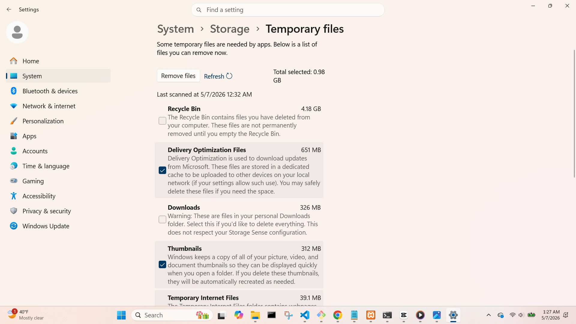 Temp Files Management Screen